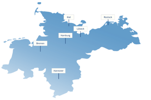 Karte von Niedersachsen, Bremen, Hamburg, Schleswig-Holstein und Mecklenburg-Vorpommern.