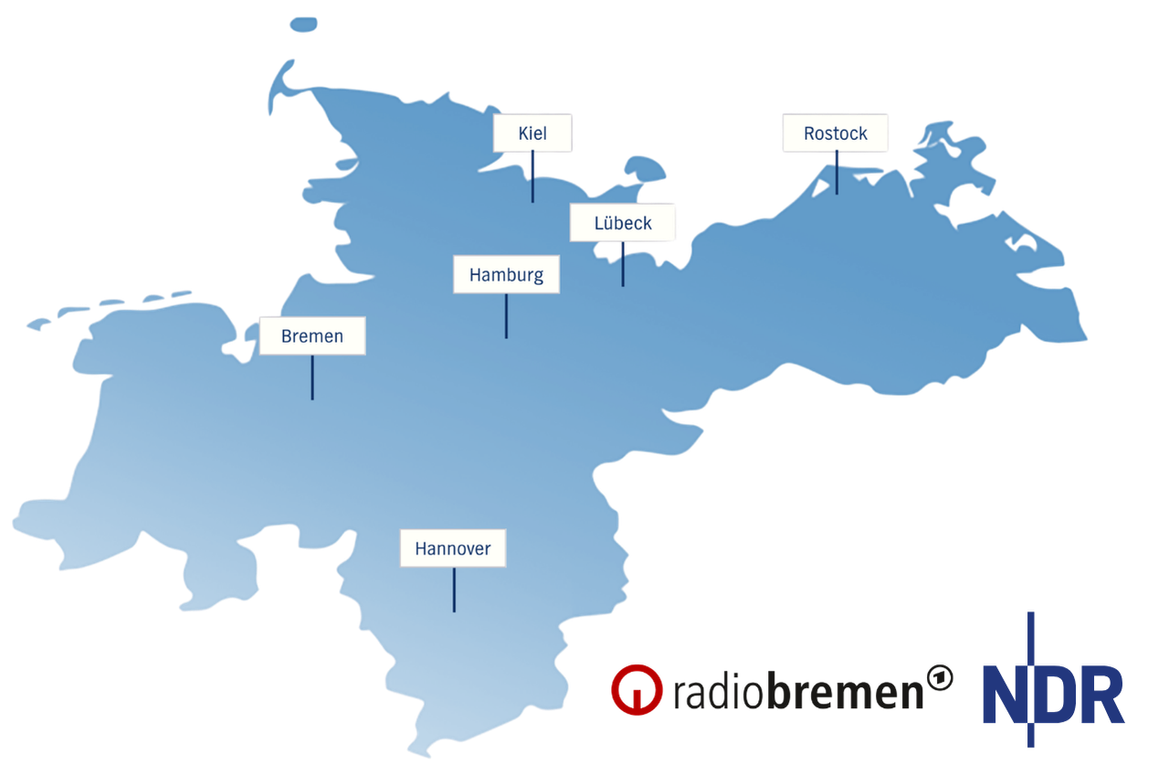 Karte von Niedersachsen, Bremen, Hamburg, Schleswig-Holstein und Mecklenburg-Vorpommern.